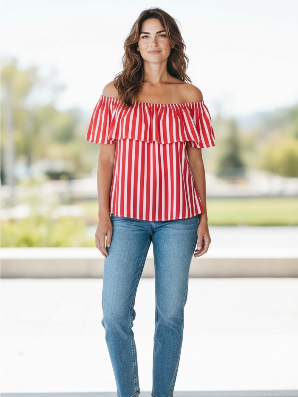 Hayden Los Angeles Cream & Red Striped Off Shoulder Blouse Size Medium NWT